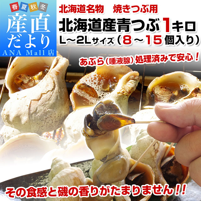 北海道産　青つぶ　焼きつぶ用（あぶら処理済み・ボイル）Lから2Lサイズ　約1キロ（8から15個入り） 送料無料(離島などの一部地域を除く)